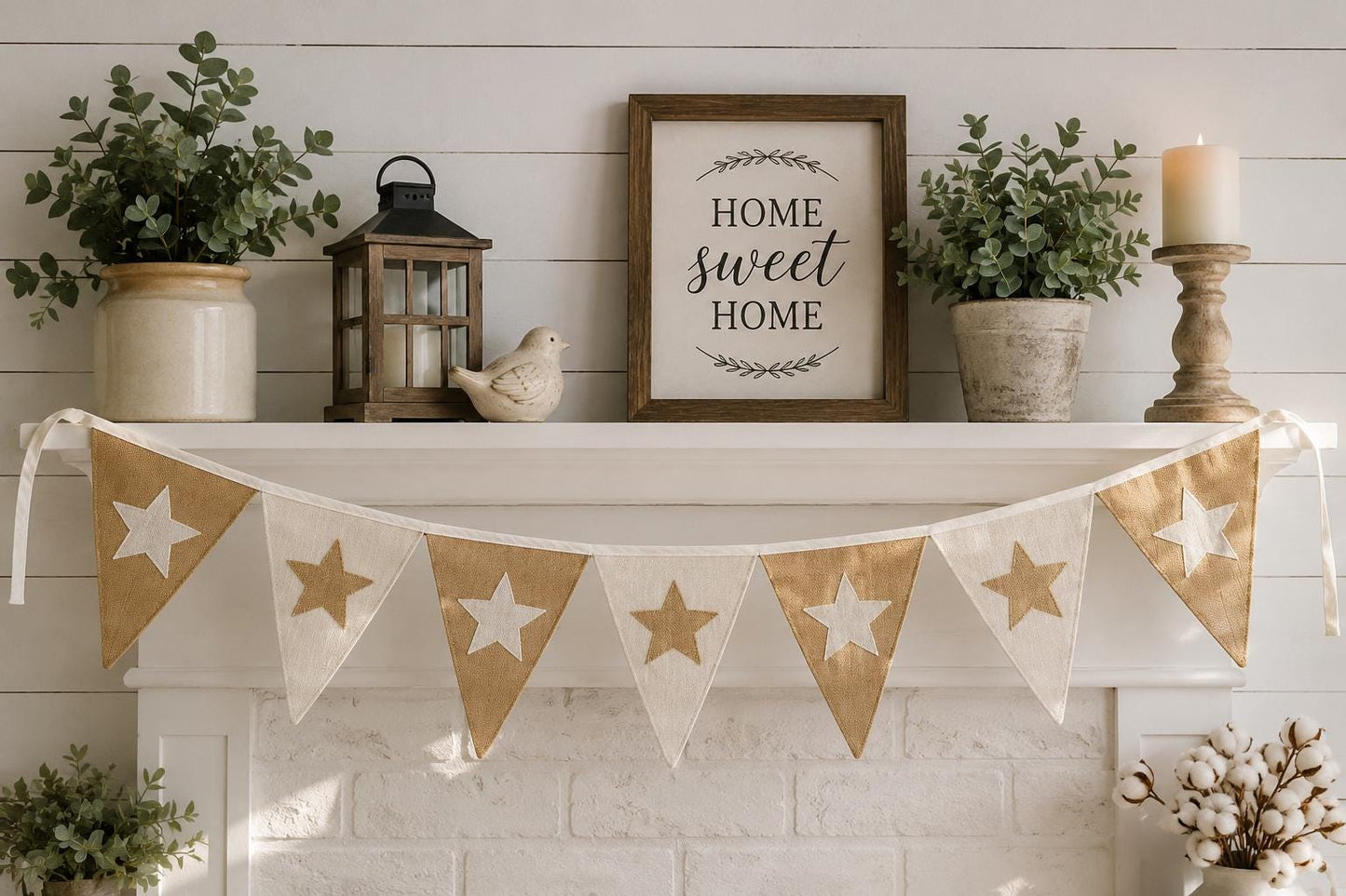 Primitive Burlap Star Bunting Garland, Rustic Farmhouse Pennant Banner, Country Home Mantel Decoration by HOME HEART Brands (Made in India)