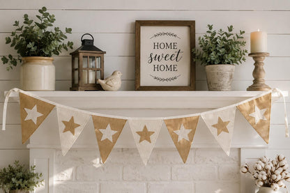 Primitive Burlap Star Bunting Garland, Rustic Farmhouse Pennant Banner, Country Home Mantel Decoration by HOME HEART Brands (Made in India)