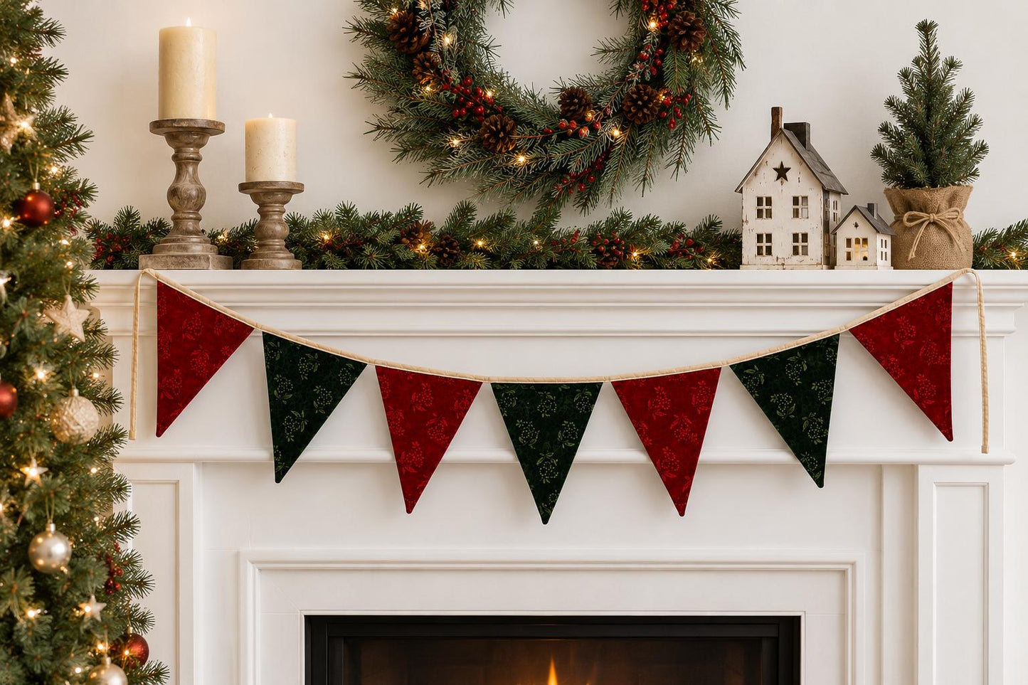 Christmas Velvet reversible Bunting Garland, Primitive Farmhouse Pennant Banner, Red Green Holiday Decor by HOME HEART Brands Made in India
