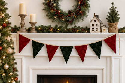 Christmas Velvet reversible Bunting Garland, Primitive Farmhouse Pennant Banner, Red Green Holiday Decor by HOME HEART Brands Made in India