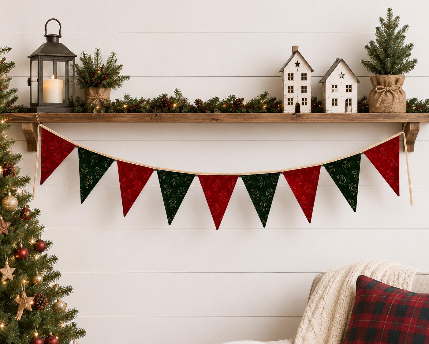 Christmas Velvet reversible Bunting Garland, Primitive Farmhouse Pennant Banner, Red Green Holiday Decor by HOME HEART Brands Made in India