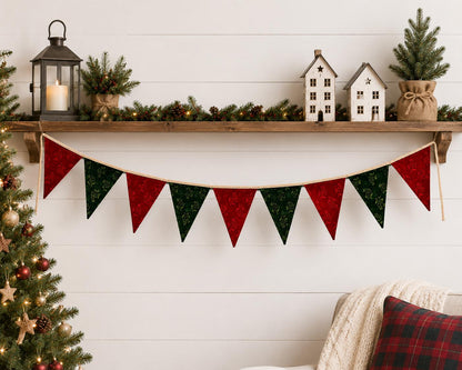 Christmas Velvet reversible Bunting Garland, Primitive Farmhouse Pennant Banner, Red Green Holiday Decor by HOME HEART Brands Made in India