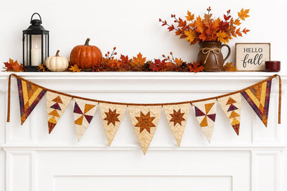 Primitive Autumn Patchwork Bunting Garland, Farmhouse Fall Pennant Banner, Rustic Thanksgiving Decor by HOME HEART Brands (Made in India)