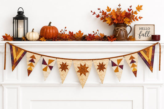Primitive Autumn Patchwork Bunting Garland, Farmhouse Fall Pennant Banner, Rustic Thanksgiving Decor by HOME HEART Brands (Made in India)