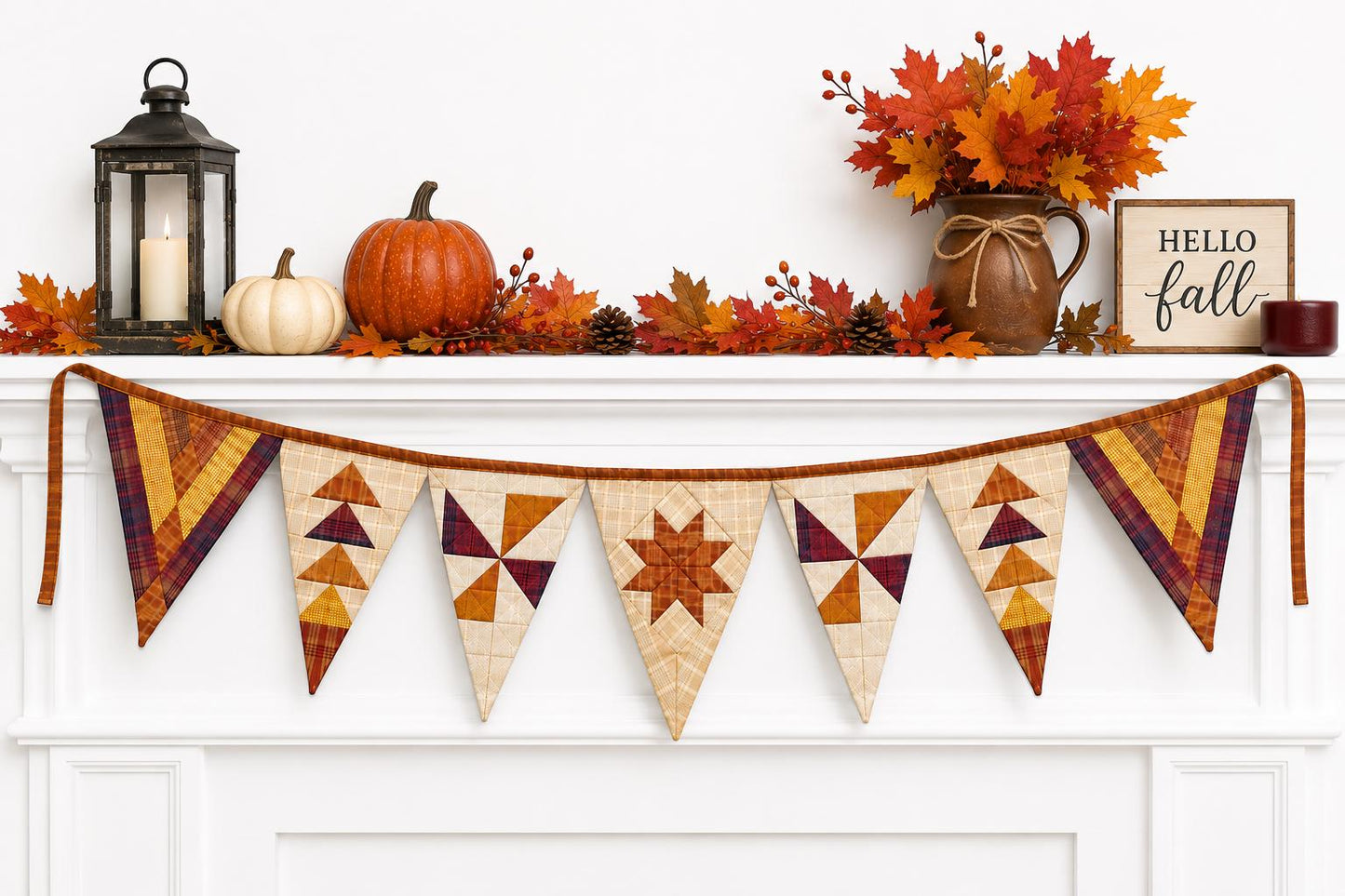 Primitive Autumn Patchwork Bunting Garland, Farmhouse Fall Pennant Banner, Rustic Thanksgiving Decor by HOME HEART Brands (Made in India)