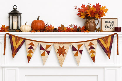 Primitive Autumn Patchwork Bunting Garland, Farmhouse Fall Pennant Banner, Rustic Thanksgiving Decor by HOME HEART Brands (Made in India)