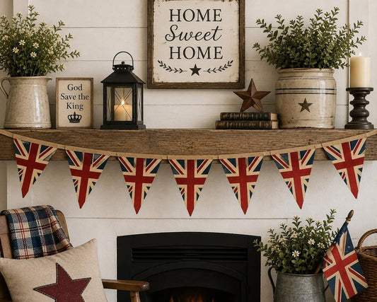 Primitive Union Jack Bunting Garland, British Patriotic Pennant Banner, Farmhouse Party Handmade by HOME HEART Brands (Made in India)