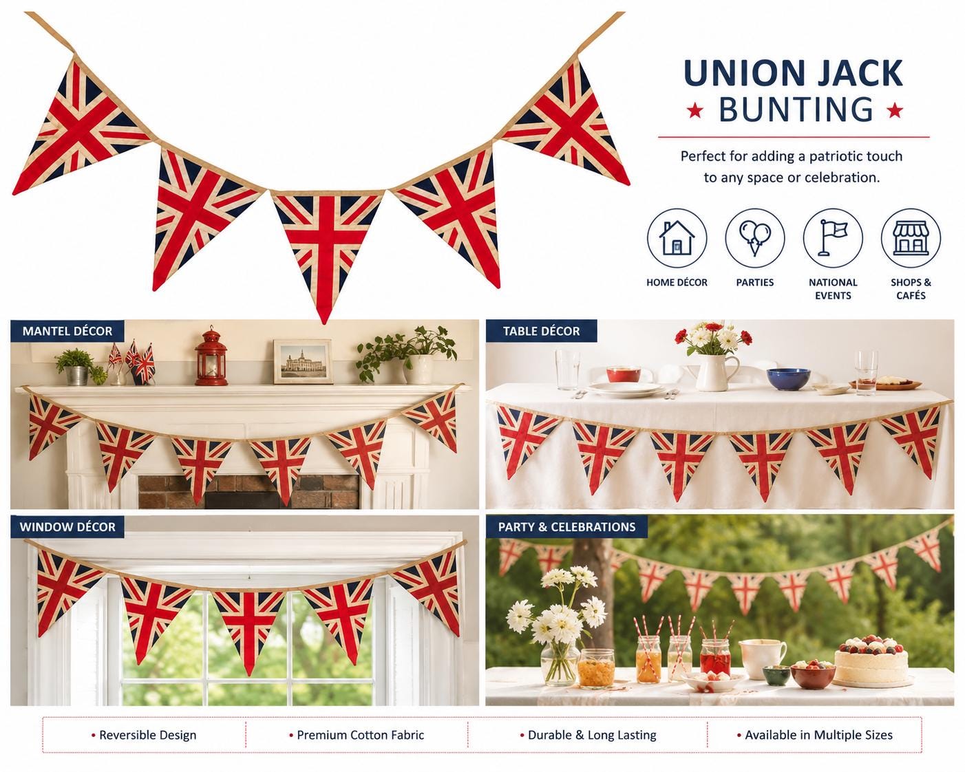 Primitive Union Jack Bunting Garland, British Patriotic Pennant Banner, Farmhouse Party Handmade by HOME HEART Brands (Made in India)