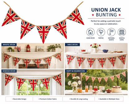 Primitive Union Jack Bunting Garland, British Patriotic Pennant Banner, Farmhouse Party Handmade by HOME HEART Brands (Made in India)