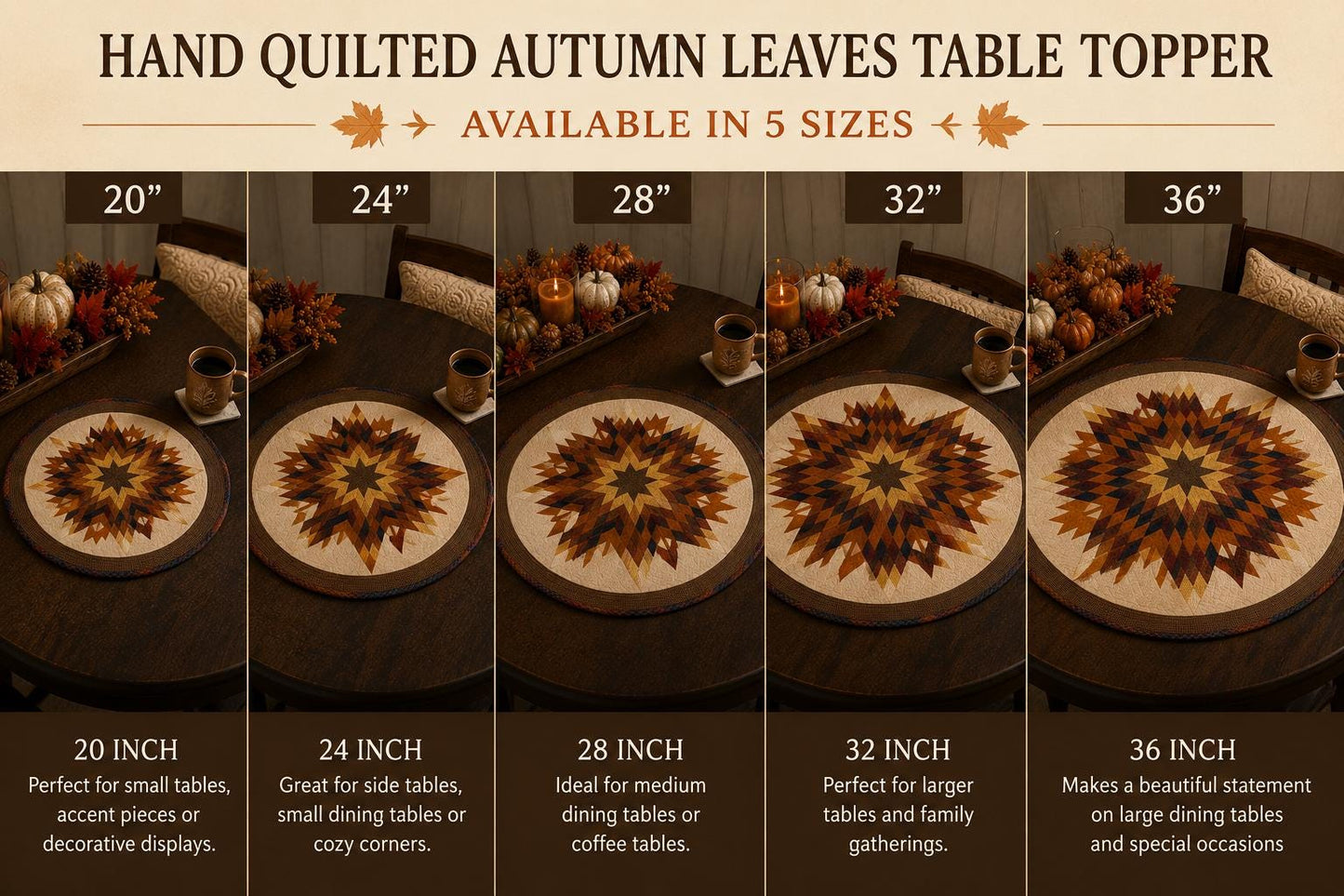 Autumn Leaves Quilted Table Topper Fall Centerpiece Mat, Handmade Patchwork Thanksgiving Table Decor by Home Heart brands (Made in India)