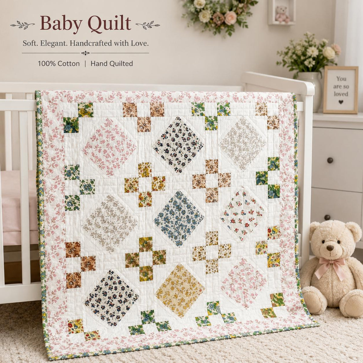 English Garden Handmade Baby Quilt, Floral Patchwork Crib Quilt, Heirloom Cotton Baby Blanket, Toddler Quilt, Baby Shower Gift by Home Heart