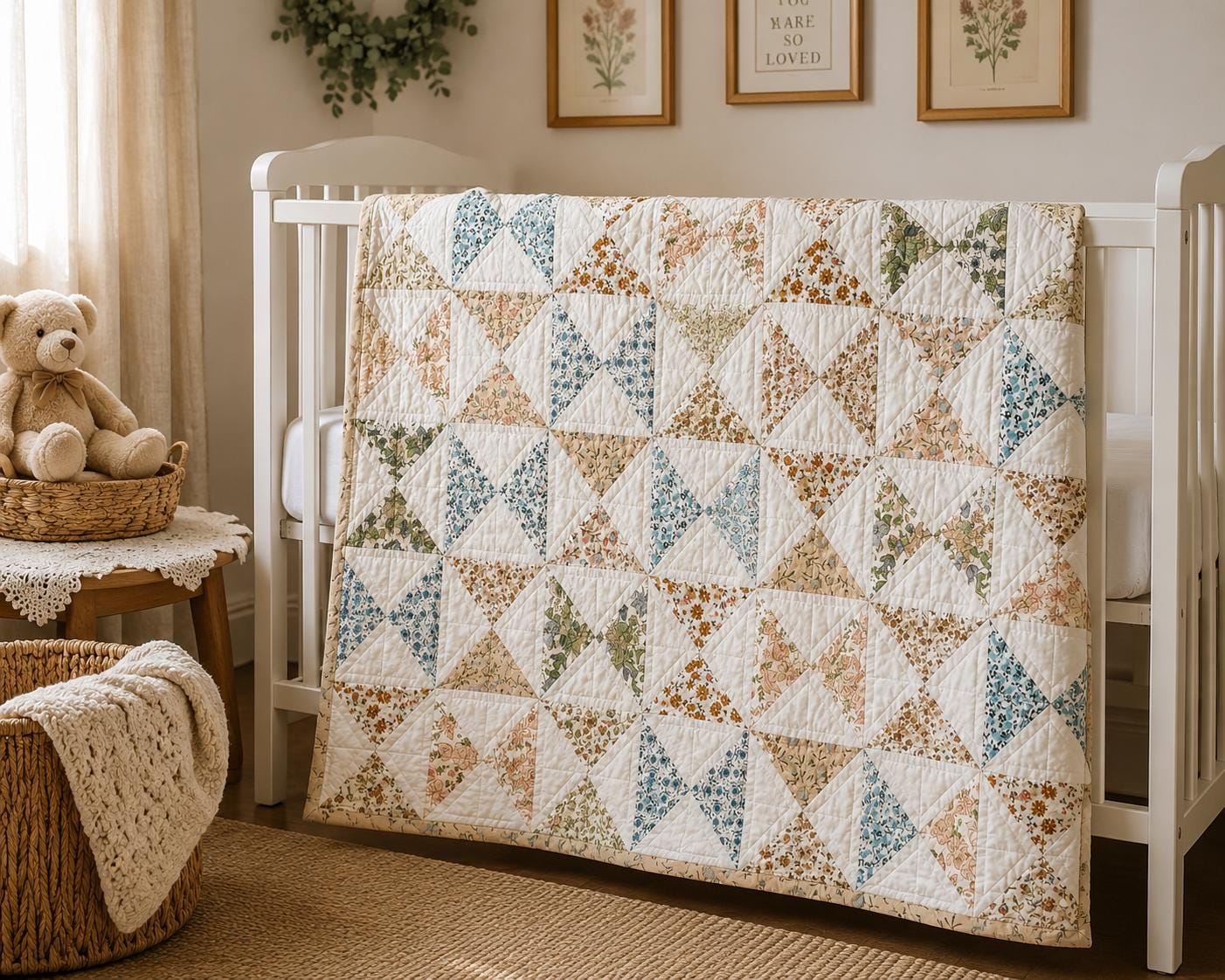 English Garden Pinwheel Heirloom Baby Quilt Handmade 100% Cotton Floral Patchwork Crib Quilt Fine Hand Quilted Nursery Blanket By HOME HEART