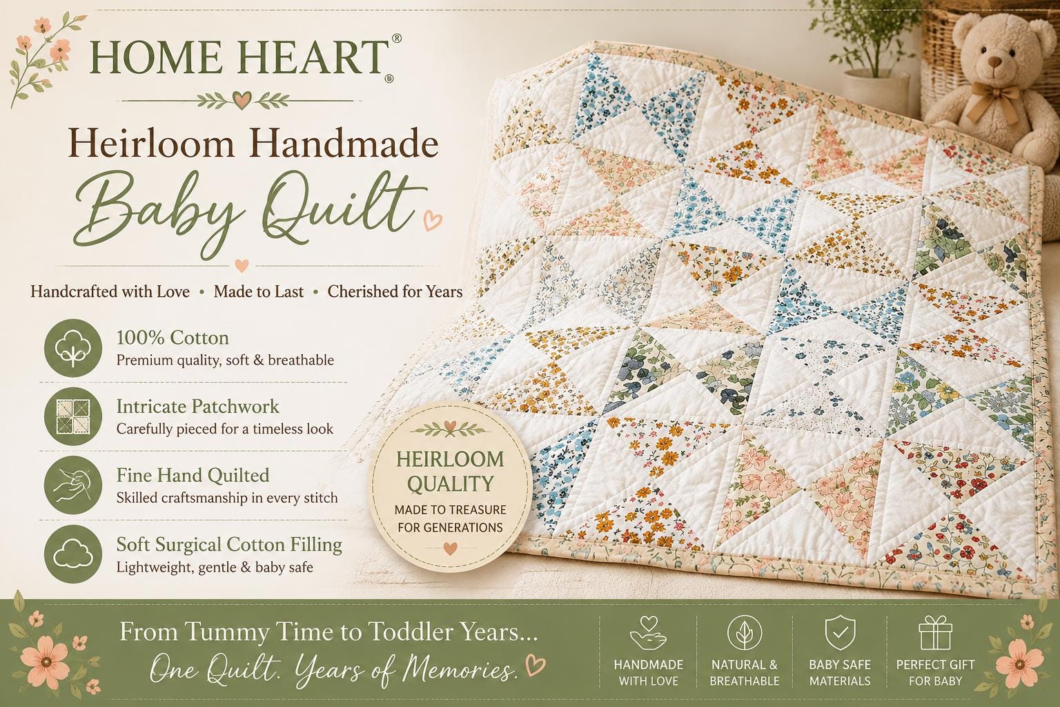 English Garden Pinwheel Heirloom Baby Quilt Handmade 100% Cotton Floral Patchwork Crib Quilt Fine Hand Quilted Nursery Blanket By HOME HEART
