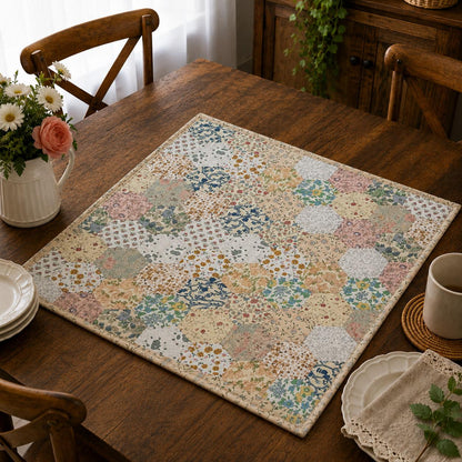 English Garden Hexagon Quilted Table Topper Handmade Floral Patchwork Wallhanging quilt Centerpiece by Home Heart Brands (Made in India)