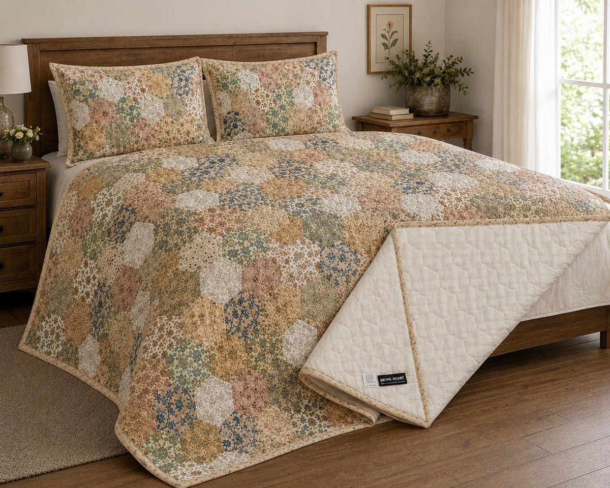Made to Order English Garden Calico Floral Hexagon Quilt, Hand Quilted Patchwork Farmhouse Bedding by Home Heart Brands (Made in India)