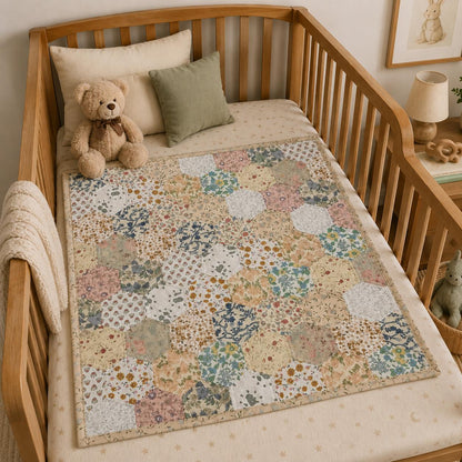 English Garden Floral Hexagon Baby Quilt, Hand Quilted Heirloom Patchwork Nursery Blanket, 40" x 50" Cotton Baby Quilt, Baby Shower Gift