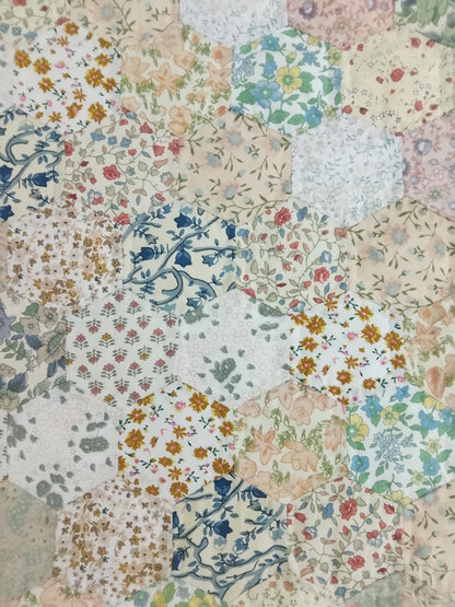 English Garden Floral Hexagon Baby Quilt, Hand Quilted Heirloom Patchwork Nursery Blanket, 40" x 50" Cotton Baby Quilt, Baby Shower Gift