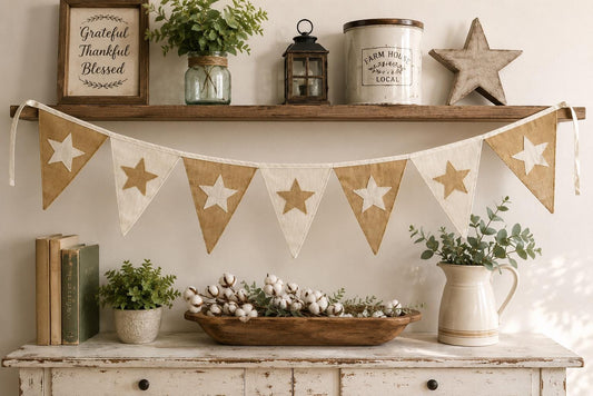 Primitive Burlap Star Bunting Garland, Rustic Farmhouse Pennant Banner, Country Home Mantel Decoration by HOME HEART Brands (Made in India)