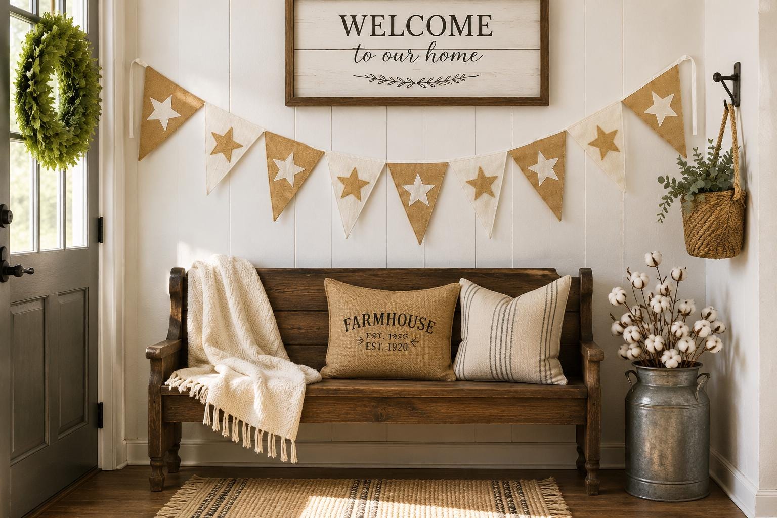 Primitive Burlap Star Bunting Garland, Rustic Farmhouse Pennant Banner, Country Home Mantel Decoration by HOME HEART Brands (Made in India)