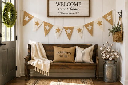 Primitive Burlap Star Bunting Garland, Rustic Farmhouse Pennant Banner, Country Home Mantel Decoration by HOME HEART Brands (Made in India)