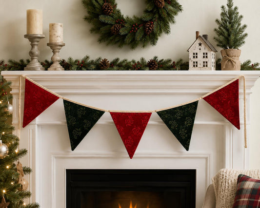 Christmas Velvet reversible Bunting Garland, Primitive Farmhouse Pennant Banner, Red Green Holiday Decor by HOME HEART Brands Made in India