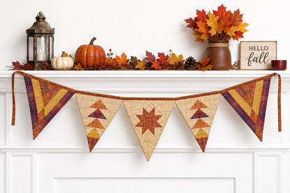Primitive Autumn Patchwork Bunting Garland, Farmhouse Fall Pennant Banner, Rustic Thanksgiving Decor by HOME HEART Brands (Made in India)