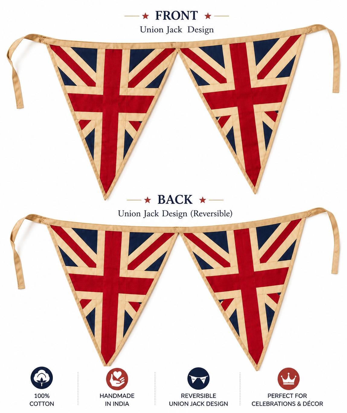 Primitive Union Jack Bunting Garland, British Patriotic Pennant Banner, Farmhouse Party Handmade by HOME HEART Brands (Made in India)
