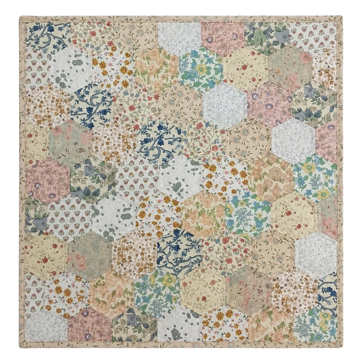 English Garden Floral Hexagon Baby Quilt, Hand Quilted Heirloom Patchwork Nursery Blanket, 40" x 50" Cotton Baby Quilt, Baby Shower Gift