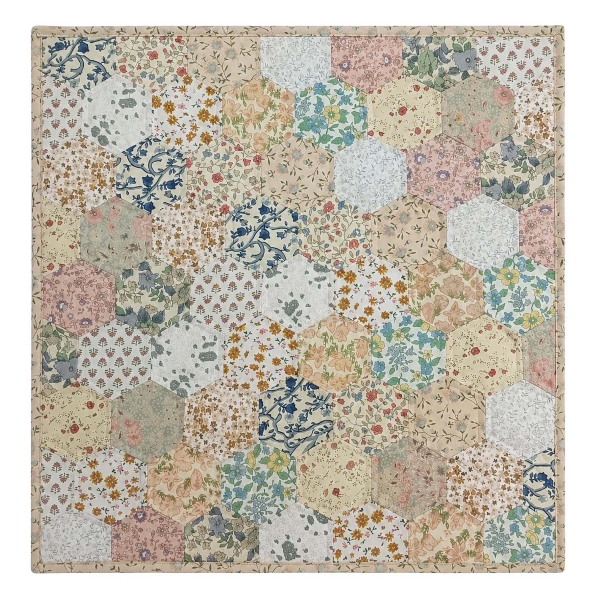 English Garden Floral Hexagon Baby Quilt, Hand Quilted Heirloom Patchwork Nursery Blanket, 40" x 50" Cotton Baby Quilt, Baby Shower Gift
