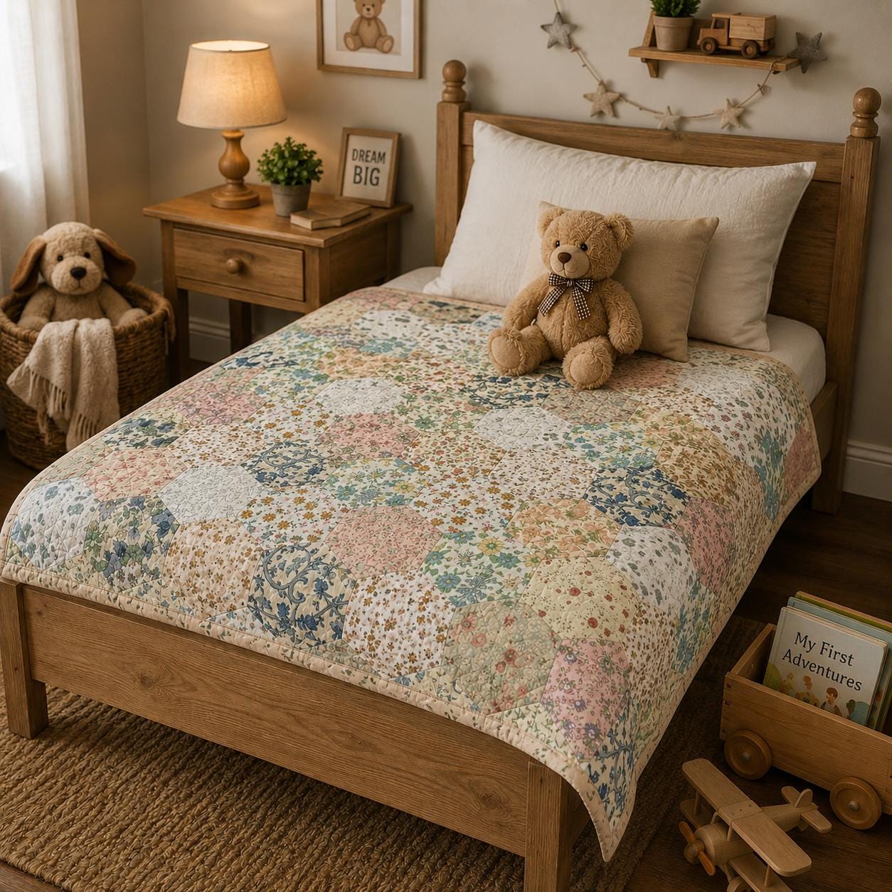 English Garden Floral Hexagon Baby Quilt, Hand Quilted Heirloom Patchwork Nursery Blanket, 40" x 50" Cotton Baby Quilt, Baby Shower Gift
