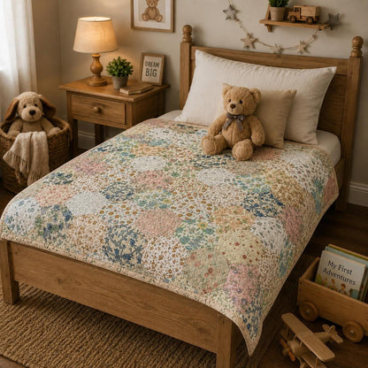 English Garden Floral Hexagon Baby Quilt, Hand Quilted Heirloom Patchwork Nursery Blanket, 40" x 50" Cotton Baby Quilt, Baby Shower Gift