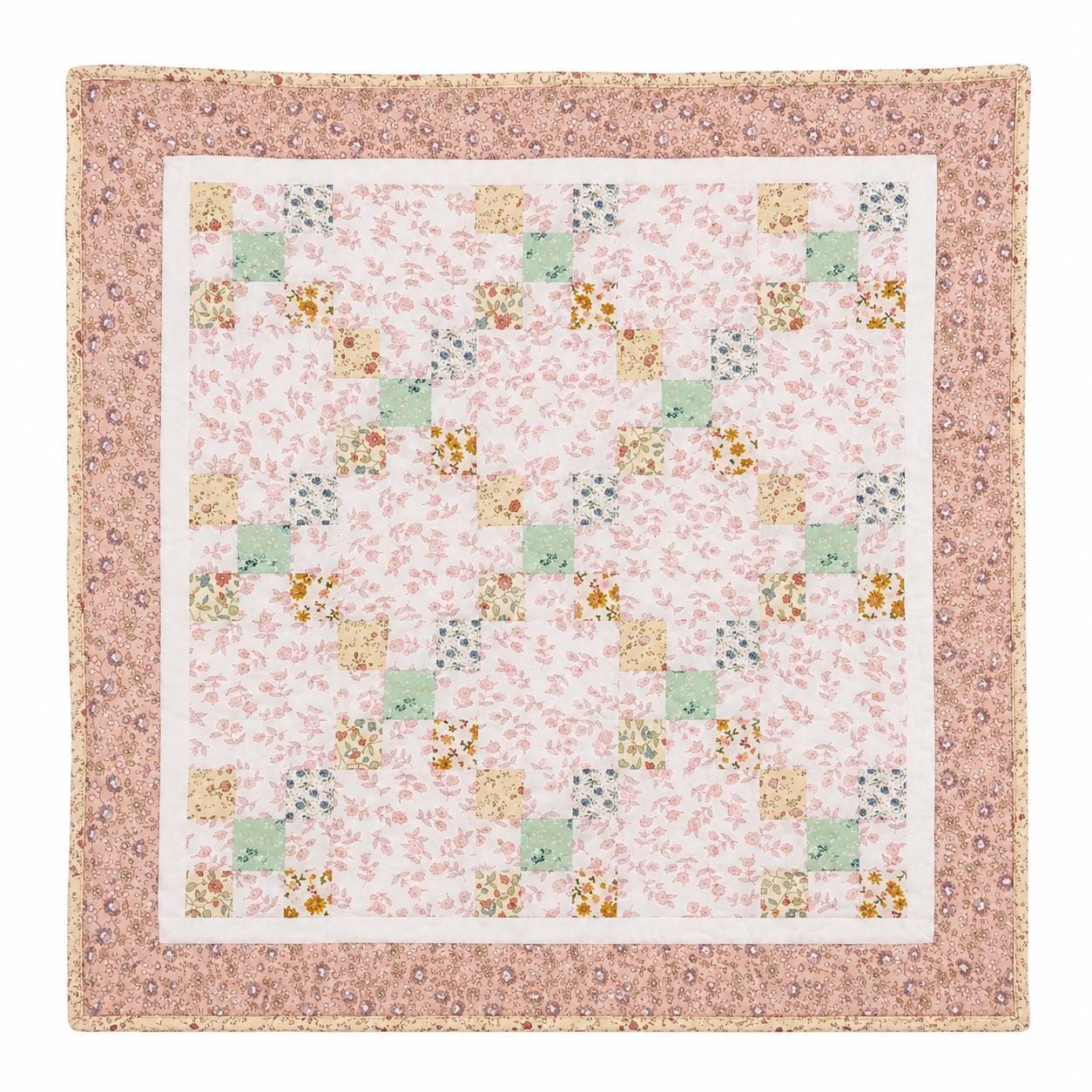 English Garden Irish Chain Baby Quilt, Handmade Cotton Floral Patchwork Nursery Blanket, Heirloom Crib Quilt, Toddler Bed Quilt