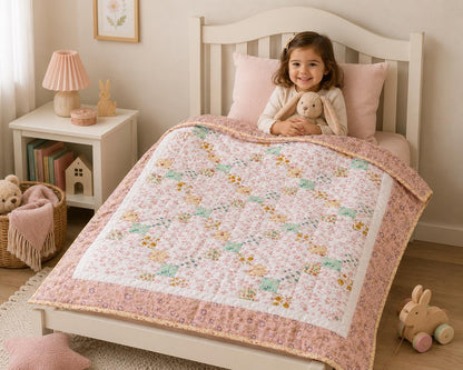 English Garden Irish Chain Baby Quilt, Handmade Cotton Floral Patchwork Nursery Blanket, Heirloom Crib Quilt, Toddler Bed Quilt