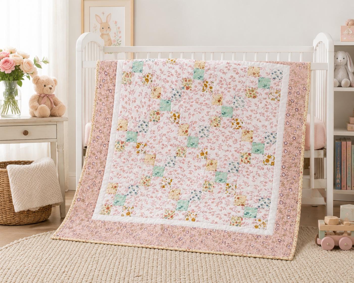 English Garden Irish Chain Baby Quilt, Handmade Cotton Floral Patchwork Nursery Blanket, Heirloom Crib Quilt, Toddler Bed Quilt