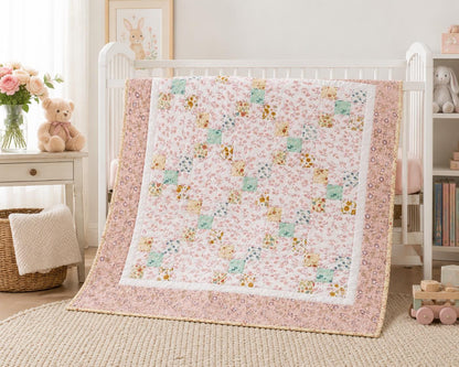 English Garden Irish Chain Baby Quilt, Handmade Cotton Floral Patchwork Nursery Blanket, Heirloom Crib Quilt, Toddler Bed Quilt