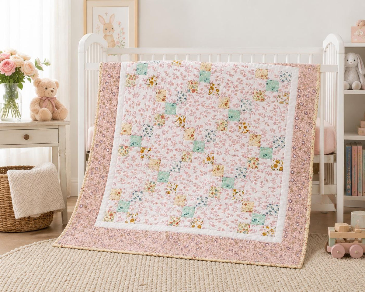 English Garden Irish Chain Baby Quilt, Handmade Cotton Floral Patchwork Nursery Blanket, Heirloom Crib Quilt, Toddler Bed Quilt