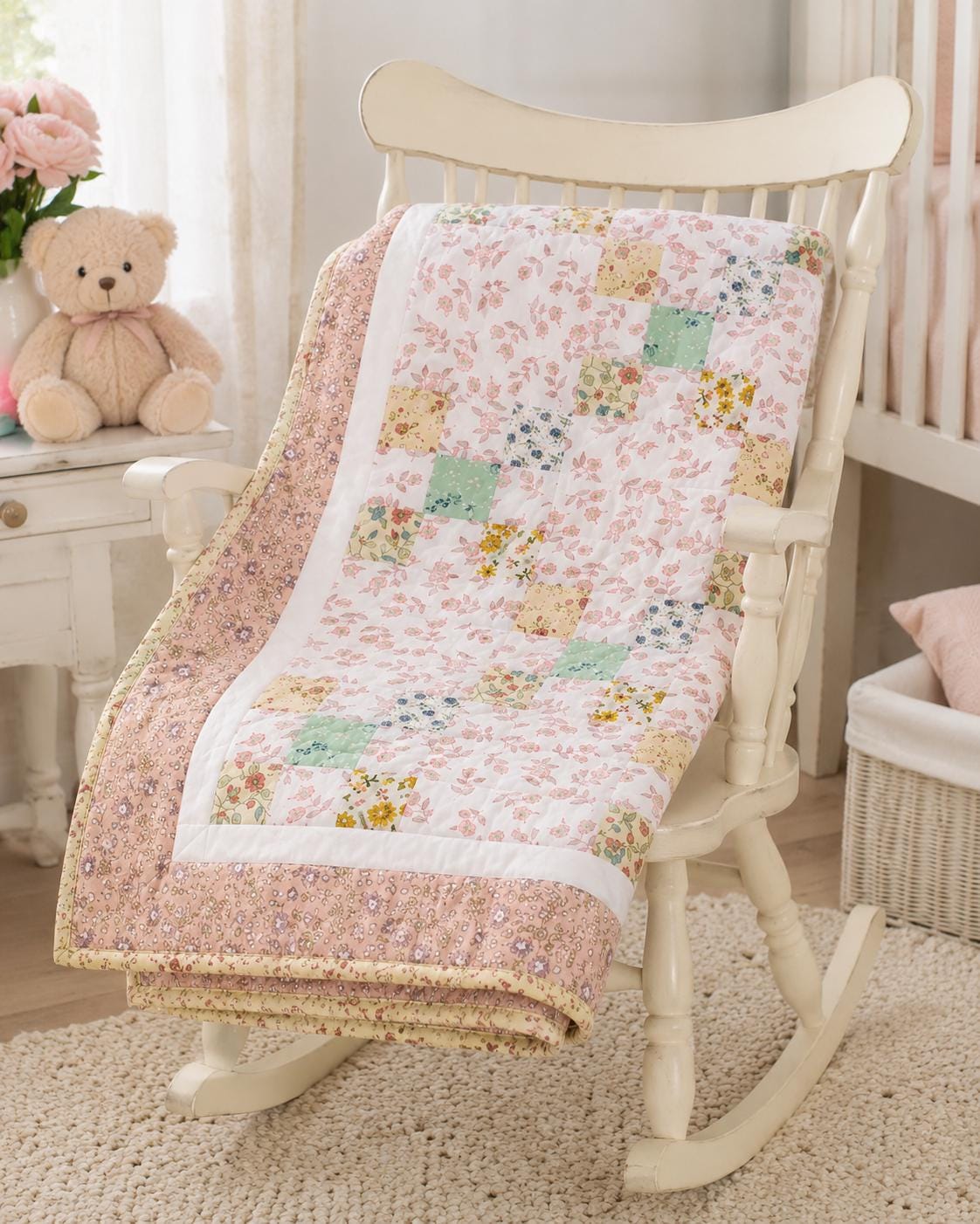 English Garden Irish Chain Baby Quilt, Handmade Cotton Floral Patchwork Nursery Blanket, Heirloom Crib Quilt, Toddler Bed Quilt