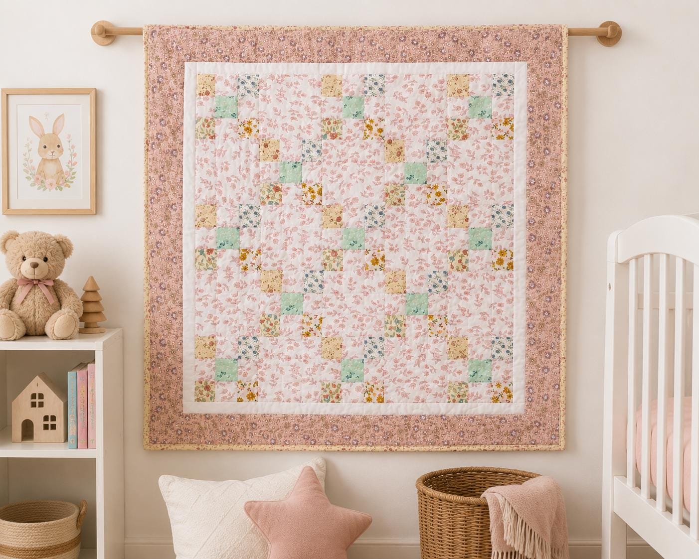 English Garden Irish Chain Baby Quilt, Handmade Cotton Floral Patchwork Nursery Blanket, Heirloom Crib Quilt, Toddler Bed Quilt