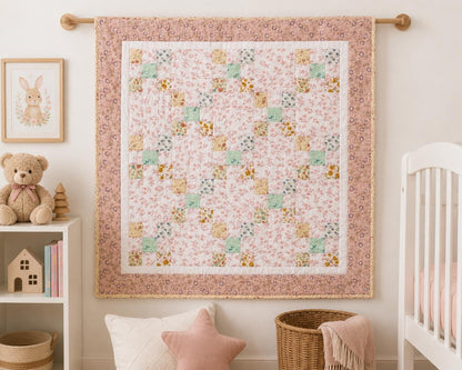 English Garden Irish Chain Baby Quilt, Handmade Cotton Floral Patchwork Nursery Blanket, Heirloom Crib Quilt, Toddler Bed Quilt