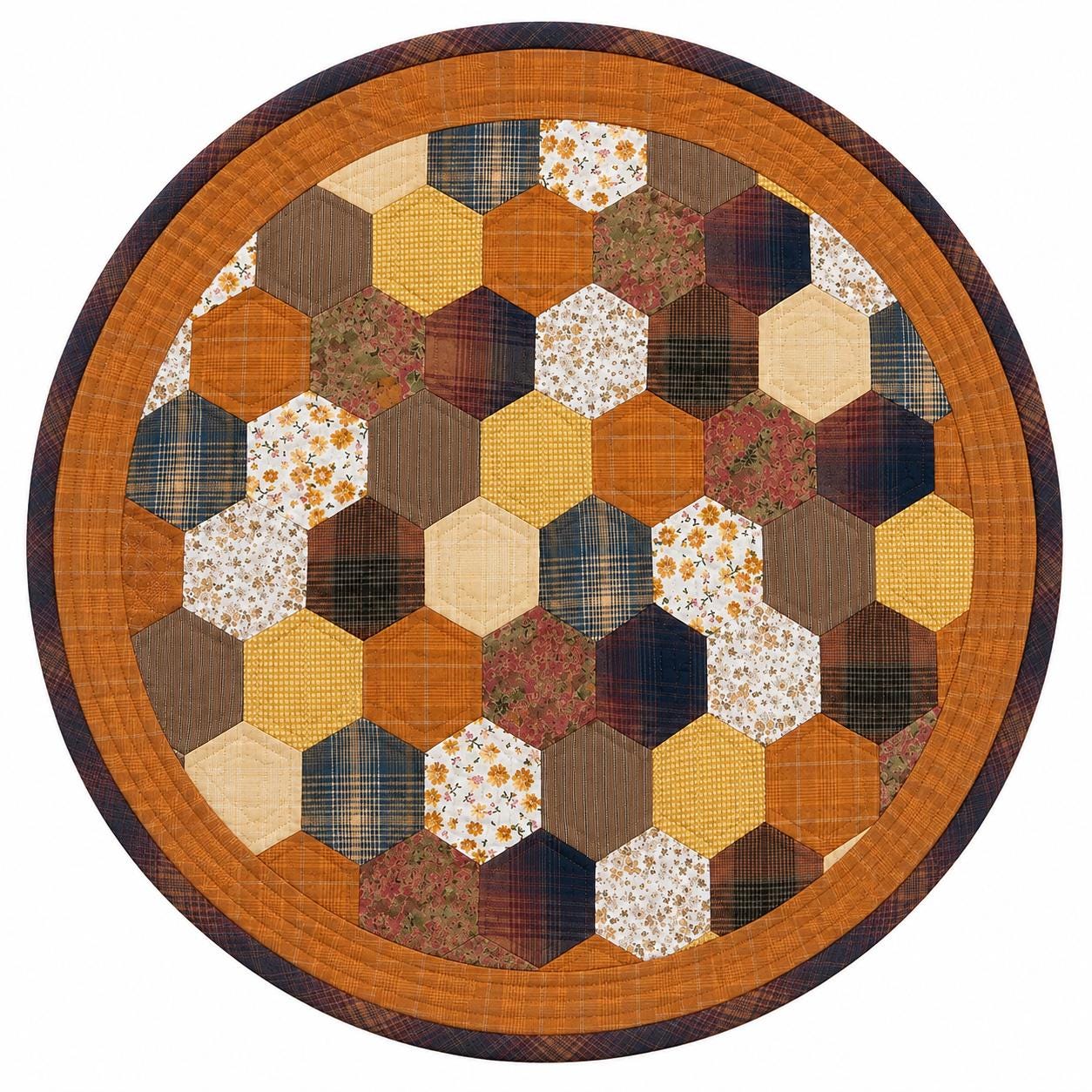 Autumn Hexagon Hand Quilted Table Topper Primitive Farmhouse Fall Centerpiece Honeycomb Patchwork Quilt Mat Rustic Thanksgiving Table Decor