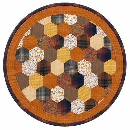 Autumn Hexagon Hand Quilted Table Topper Primitive Farmhouse Fall Centerpiece Honeycomb Patchwork Quilt Mat Rustic Thanksgiving Table Decor