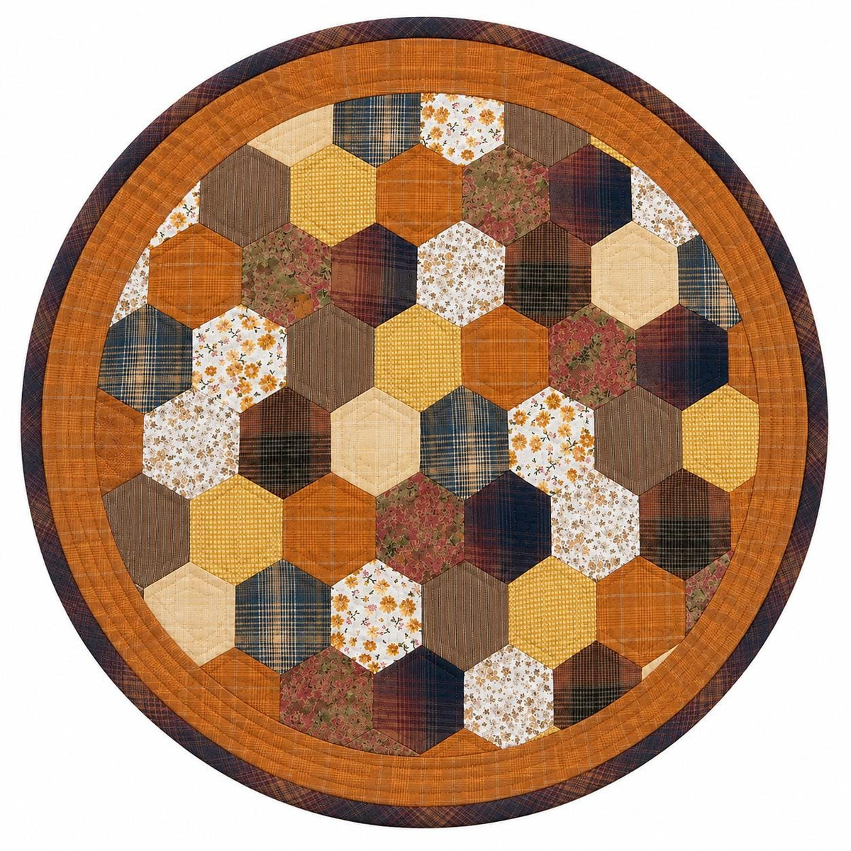 Autumn Hexagon Hand Quilted Table Topper Primitive Farmhouse Fall Centerpiece Honeycomb Patchwork Quilt Mat Rustic Thanksgiving Table Decor