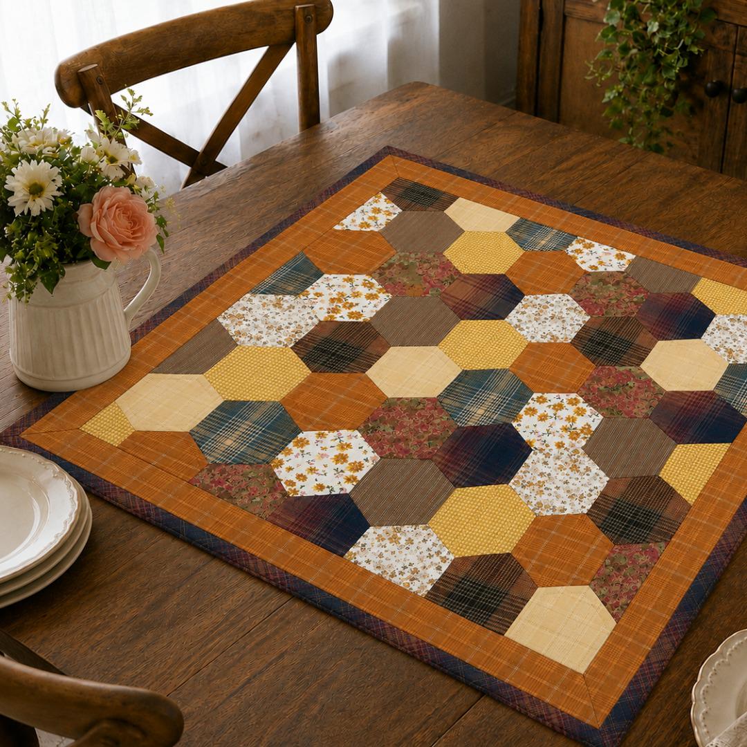 Autumn Hexagon Hand Quilted Table Topper Primitive Farmhouse Fall Centerpiece Honeycomb Patchwork Quilt Mat Rustic Thanksgiving Table Decor