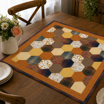Autumn Hexagon Hand Quilted Table Topper Primitive Farmhouse Fall Centerpiece Honeycomb Patchwork Quilt Mat Rustic Thanksgiving Table Decor