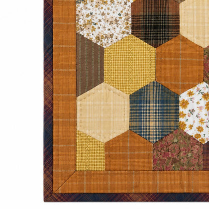 Autumn Hexagon Hand Quilted Table Topper Primitive Farmhouse Fall Centerpiece Honeycomb Patchwork Quilt Mat Rustic Thanksgiving Table Decor