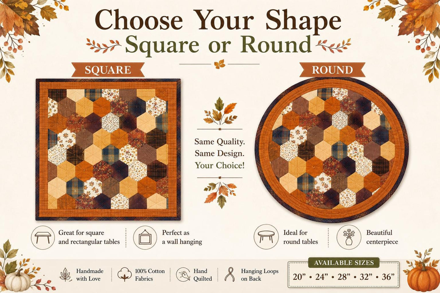 Autumn Hexagon Hand Quilted Table Topper Primitive Farmhouse Fall Centerpiece Honeycomb Patchwork Quilt Mat Rustic Thanksgiving Table Decor