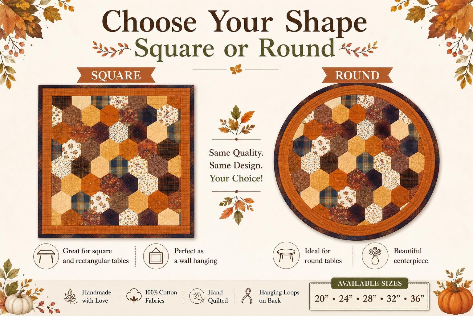 Autumn Hexagon Hand Quilted Table Topper Primitive Farmhouse Fall Centerpiece Honeycomb Patchwork Quilt Mat Rustic Thanksgiving Table Decor