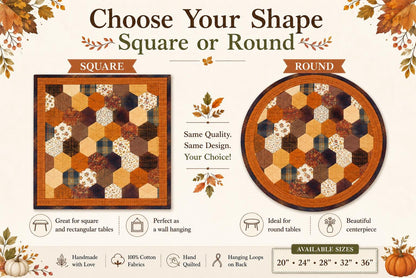 Autumn Hexagon Hand Quilted Table Topper Primitive Farmhouse Fall Centerpiece Honeycomb Patchwork Quilt Mat Rustic Thanksgiving Table Decor