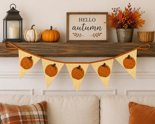 Fall Pumpkin Bunting Banner Plaid Fabric Pennant Garland, Rustic Autumn Thanksgiving Harvest Decoration by HOME HEART Brands (Made in India)