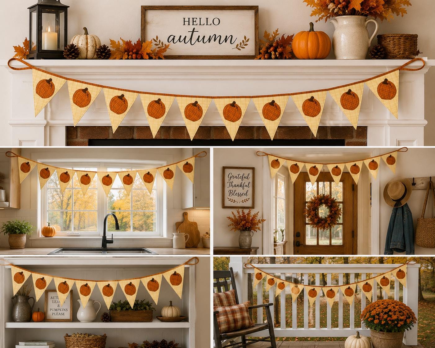 Fall Pumpkin Bunting Banner Plaid Fabric Pennant Garland, Rustic Autumn Thanksgiving Harvest Decoration by HOME HEART Brands (Made in India)